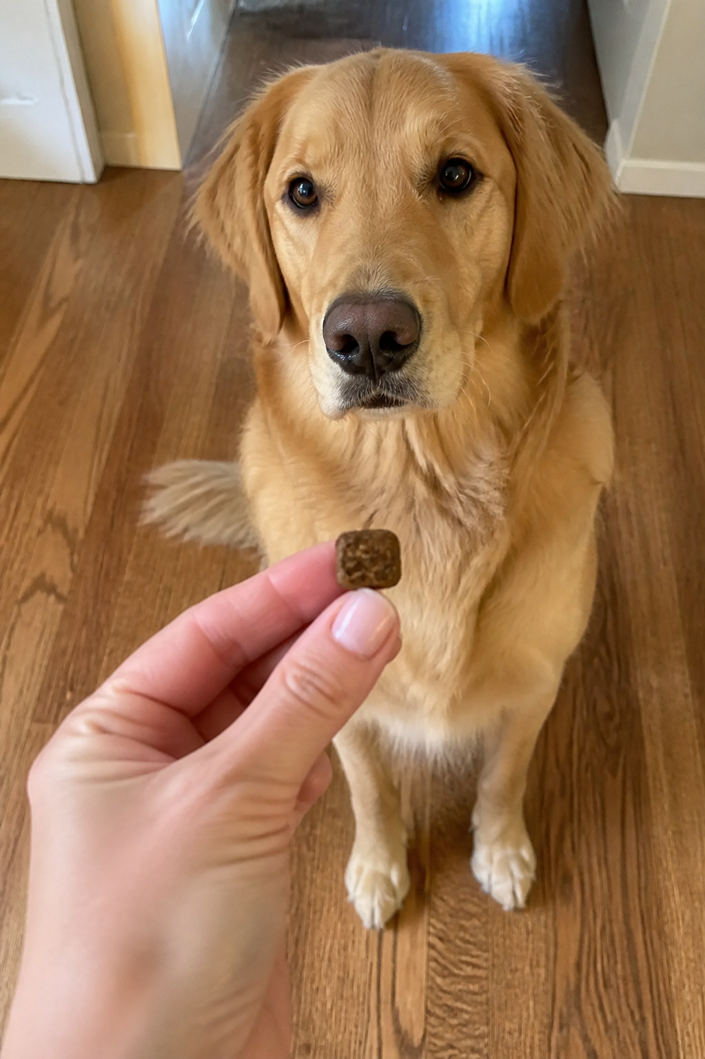 Dog owner holding a skin and coat chew in front of their dog