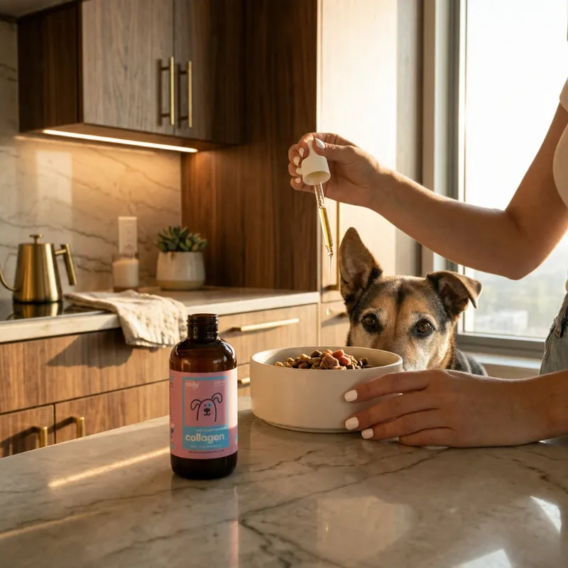 Applying Taily liquid collagen drops to a dog's food bowl