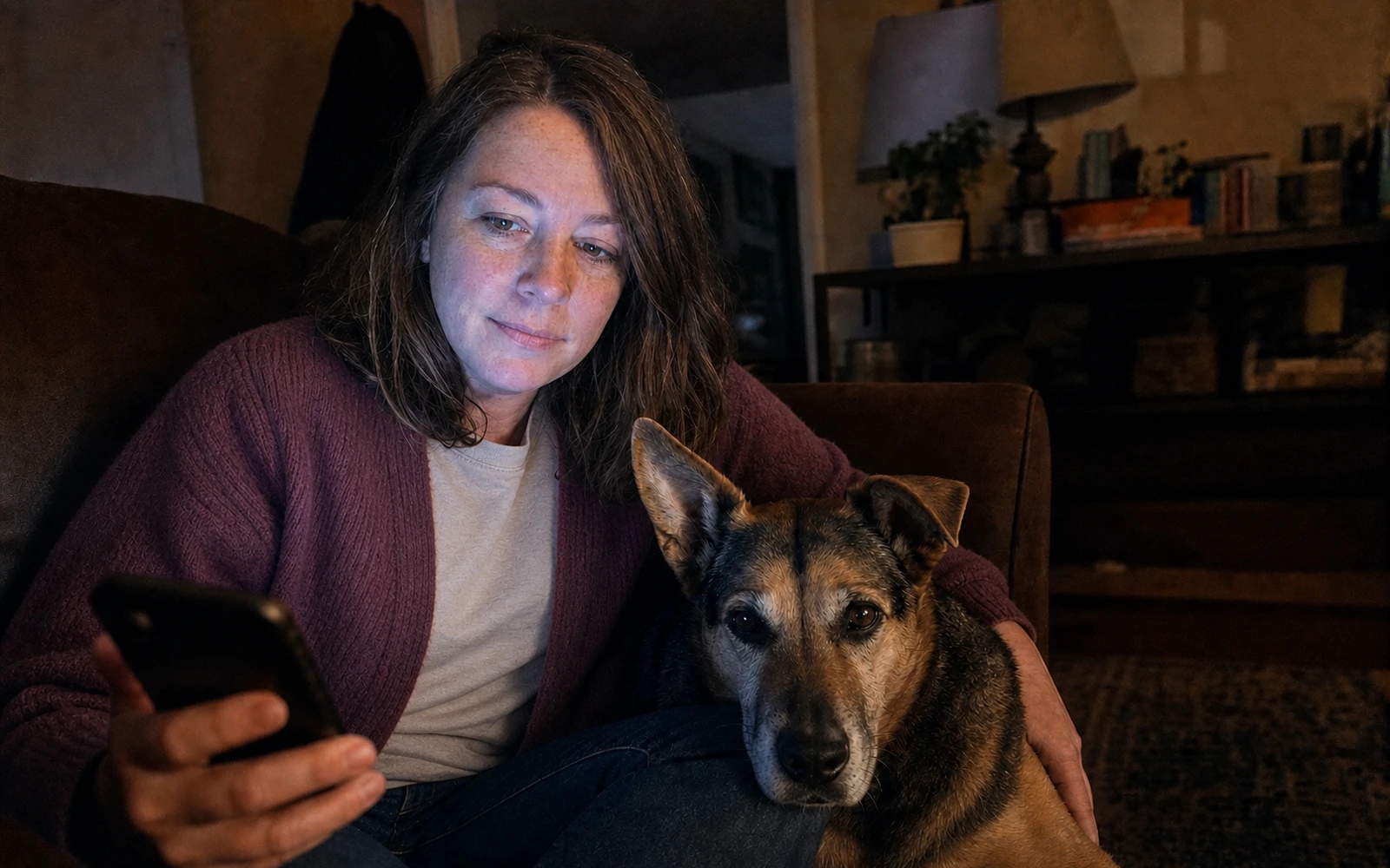 Dana reading other dog owners' experiences late at night