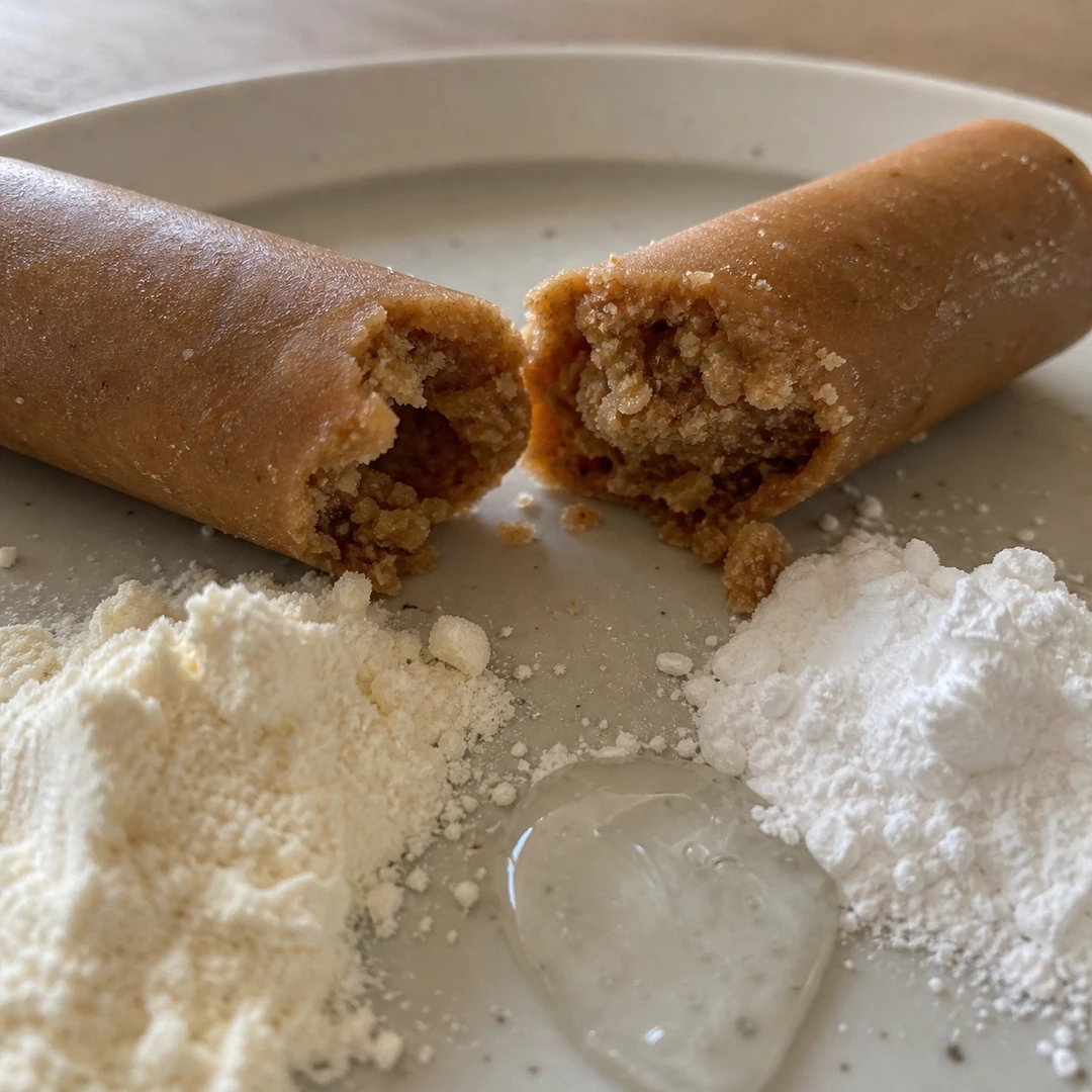 A broken dog chew beside flour, starch, and syrup