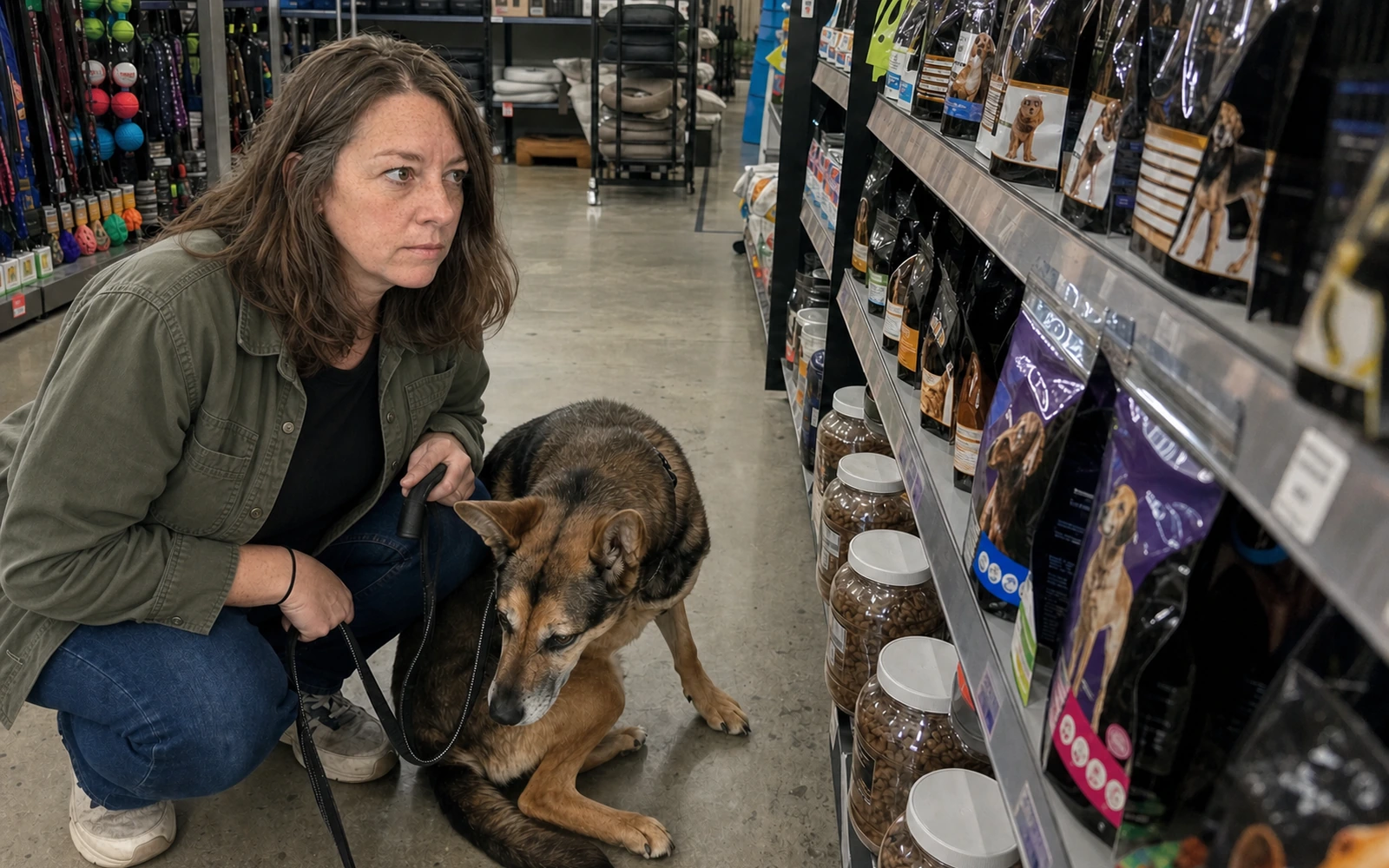 Dana and Josie facing a shelf of glossy dog supplements