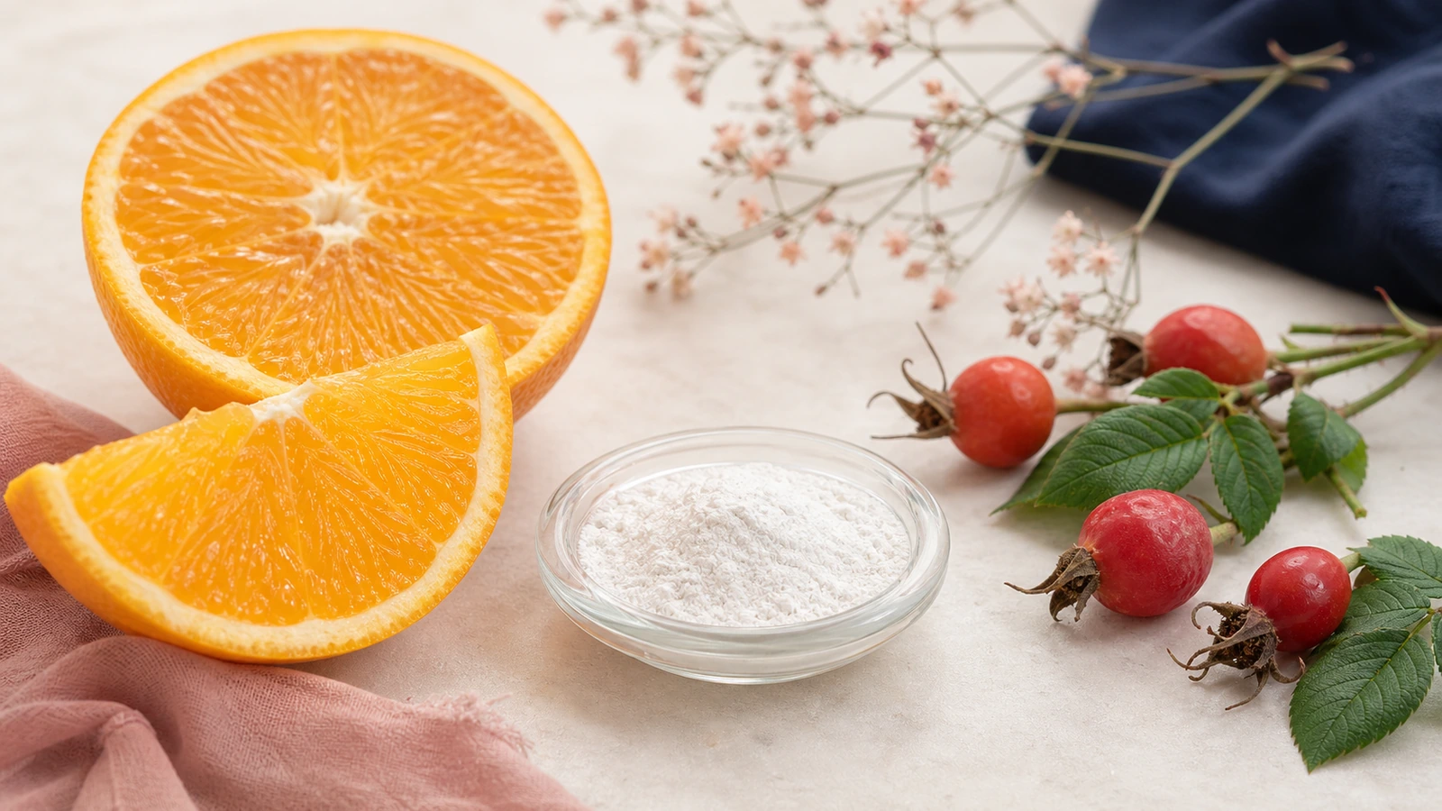 Orange, rose hips, and vitamin C ingredient powder