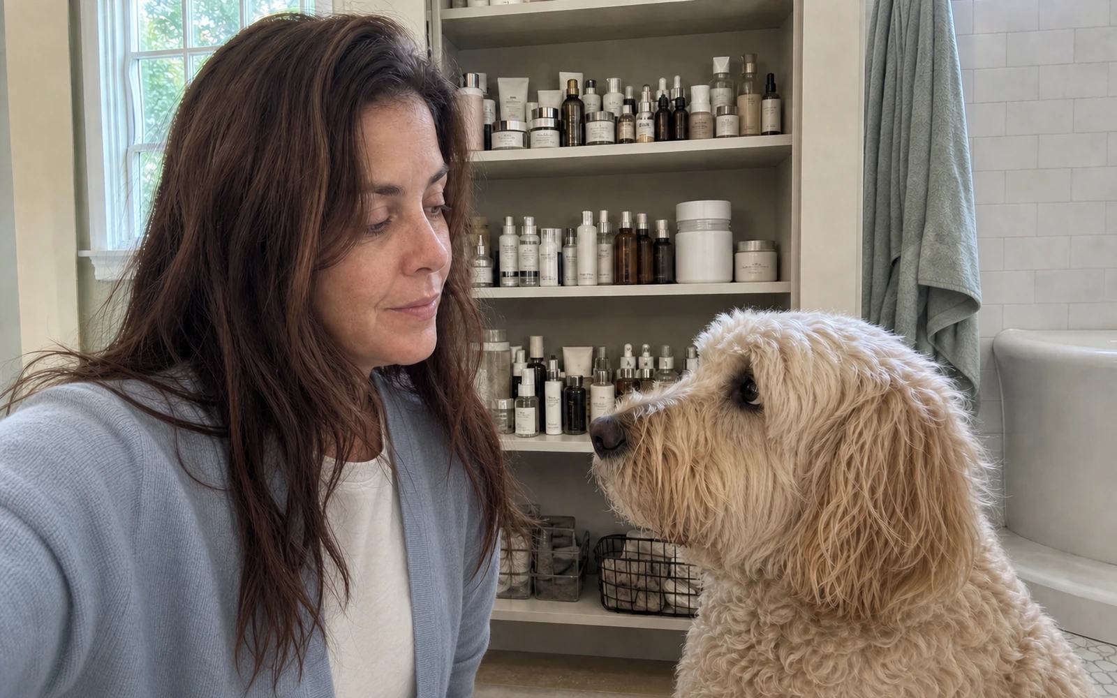 Erin and Maple in front of Erin's extensive skincare shelf